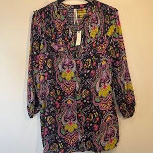 Anthropologie Black Paisley Tunic Top 3/4 sleeve button down flowy boho hippie